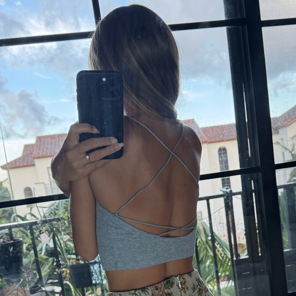 Ribbed Gray Crisscross Back Crop Top